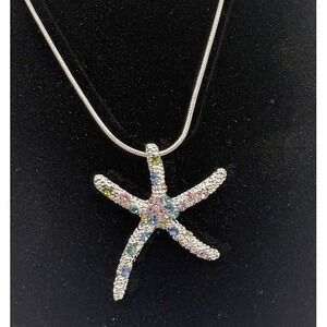 Rhinestone Starfish Necklace 17" Snake Chain Nautical Silver